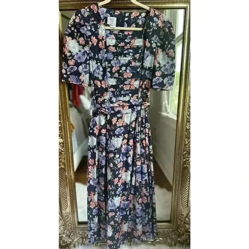 VINTAGE 80s Laura Ashley Navy Floral Cotton Cottage Core Maxi Dress